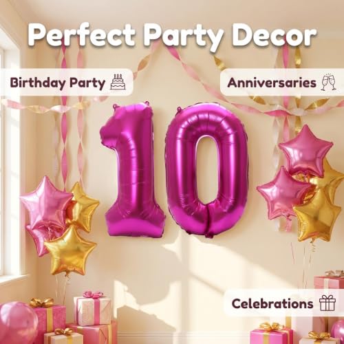 Image of Number 10 Balloon Foil Mylar Balloons for Birthday Party Decoration (Hot Pink, 40 Inch)