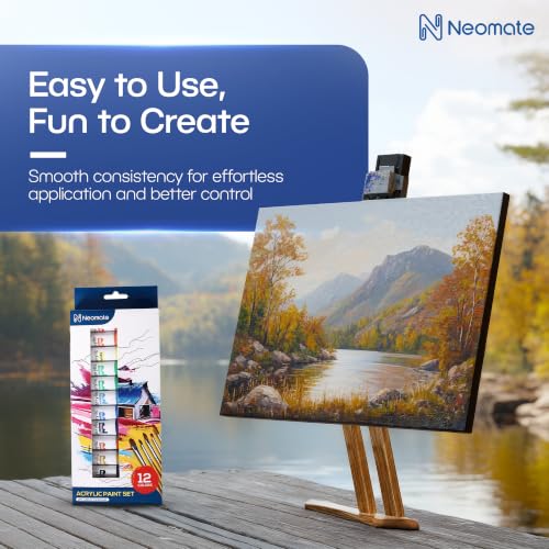 Image of Neomate Acrylic Paint Set - 12 Premium Acrylic Paint Tubes with 2 Brushes - Vibrant, Non-Toxic Pigments for Canvas, Glass, Plastic, Rocks, Arts and Crafts