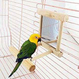 Gemini_mall Bird Stand Perch with Mirror for Parrot Budgie Parakeet Cockatiels Conure Finch Lovebird African Grey Macaw Amazon Cockatoo Cage Wood Toy