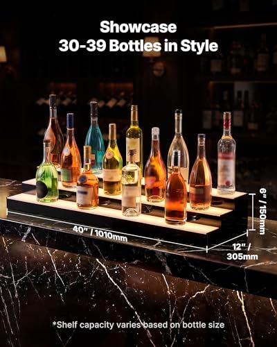Image of VEVOR LED Lighted Liquor Bottle Display, 3 Tiers 40 inches, Acrylic Illuminated Home Bar Shelf Display with RF Remote & App Control, DIY Setup with Type-C Cables, 9 Static Colors, for 30-39 Bottles