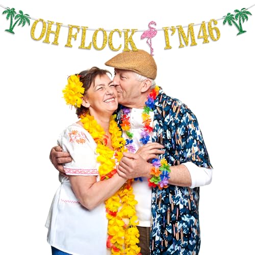Image of Oh Flock I'm 46 Banner, Glitter Happy 46th Birthday Anniversary Party Decorations, Pineapple Party Decor, Hawaiian Luau Tropical Aloha 46 Theme Party Photo Props