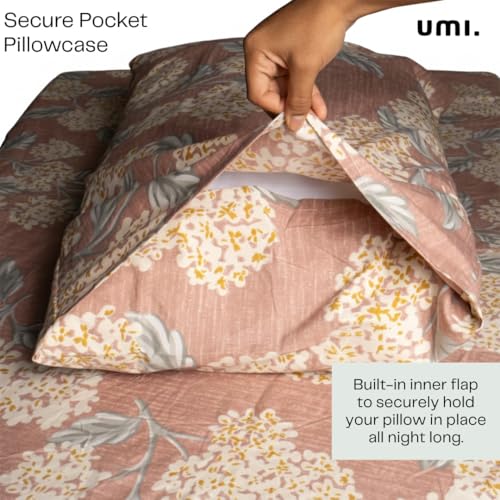 Image of Amazon Brand - Umi Cotton Fitted Bedsheet, Queen Size 78x60 Inches, Elastic Fit Bed Sheet, 10 Inch Deep Pocket, Soft Breathable Bedding, Durable Easy Care, with Pillow Cover-Rustic Garden-Rust