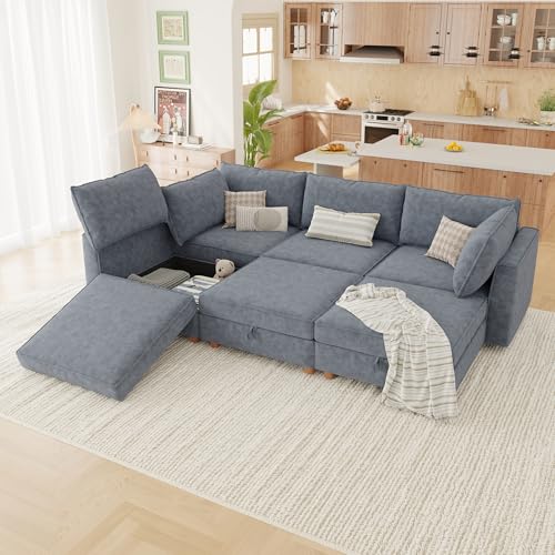 Image of 99 inch Modular Sectional Sleeper Sofa Bed with Storage & Washable Covers, 6-Seater Chenille Modular Sofa Bed with Movable Ottoman Chaise, Convertible Sleeper Sectional Couches for Living Room, Gray