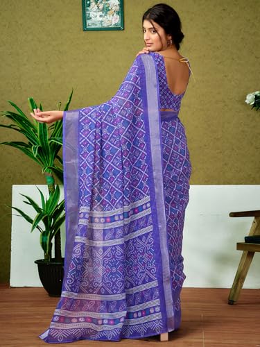 Image of Satrani Women's Linen Printed & Zari Border Ready To Wear One Minute Pre Pleated Readymade Saree with Unstitched Blouse Piece