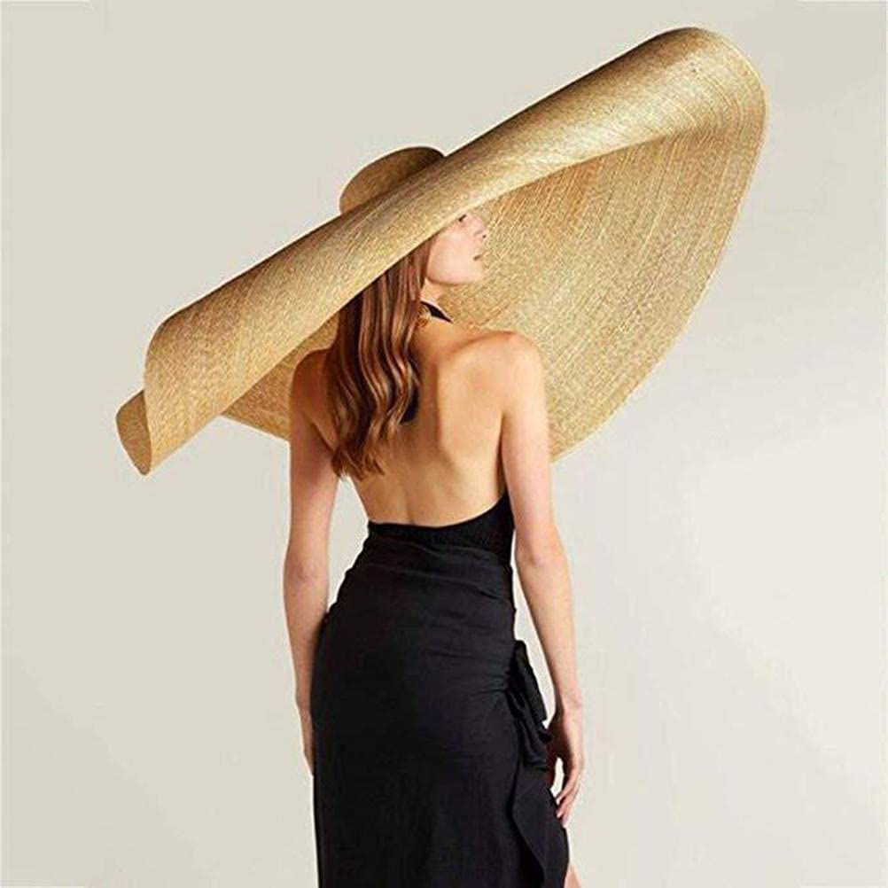 Chapeau de paille surdimensionné pour femme, chapeau de paille de soleil avec large bord anti-UV, chapeau d'été pliable (56-58 cm)