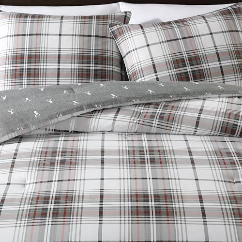 Image of Eddie Bauer - Queen Comforter Set, Reversible Cotton Bedding with Matching Shams, Plaid Home Decor for All Seasons (Alder Grey /Red, Queen)