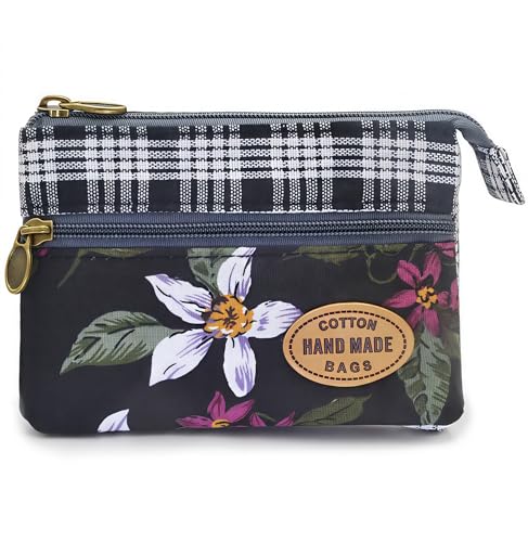 GUXL Women Small Zipper Coin Purse, Handmade Fabric Flower Embroidered Change Pouch, Cotton Double Zipper Wallet