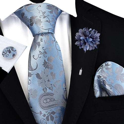 Image of GUSLESON Paisley Tie Set for Men 3.15 inch Necktie Lapel Pin Hankerchief Cufflinks Set for Men