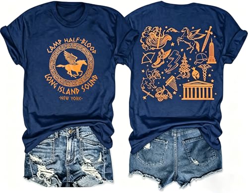 Camp Half Blood Womens T-Shirt Greek Mythology Graphic Tee Vintage Percy Book Lover Gift Casual Shirt Top Dark Blue