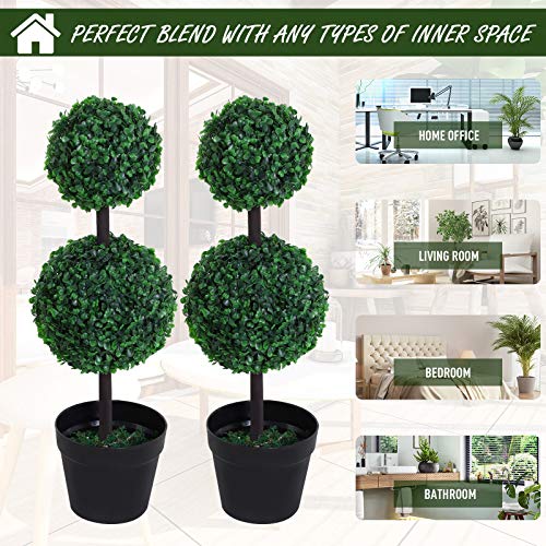 Outsunny Set of 2 Artificial Boxwood Ball Topiary Trees Potted