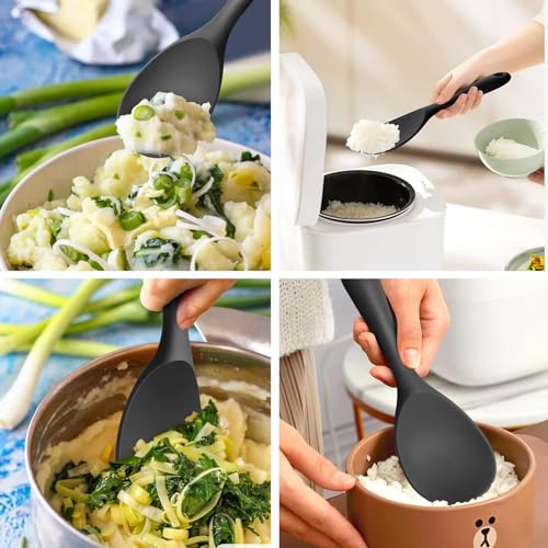 Image of Baskety Non-Stick Rice Spoon Silicone Ladle Soup Spoon with Handle for Dining Table 22.3 x 6.8 cm (Pure Black)