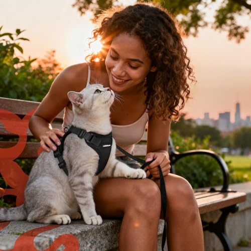 rabbitgoo Katzengeschirr mit Leine Softgeschirr für Katze Brustgeschirr Cat Harness Katzengarnitur Ausbruchsicher Verstellbar Katzenweste Schwarz XS