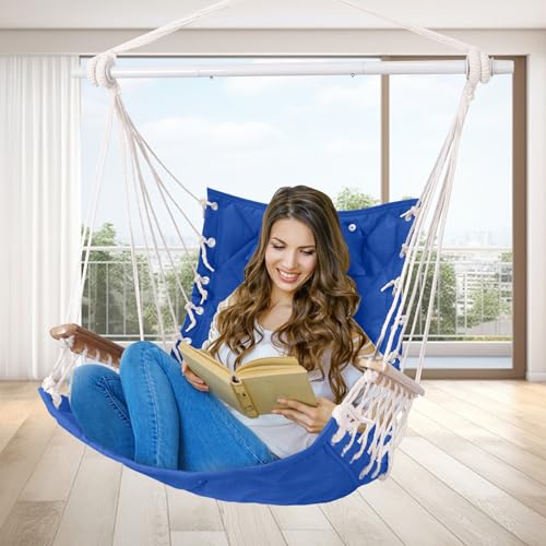 Image of Hammock Chair Hanging Swing with Wooden Armrest;Steel Spreader Bar,Pillows,Hardware kit Included;Cotton Woven;Up to 350 Lbs,for Indoor Outdoor Blue