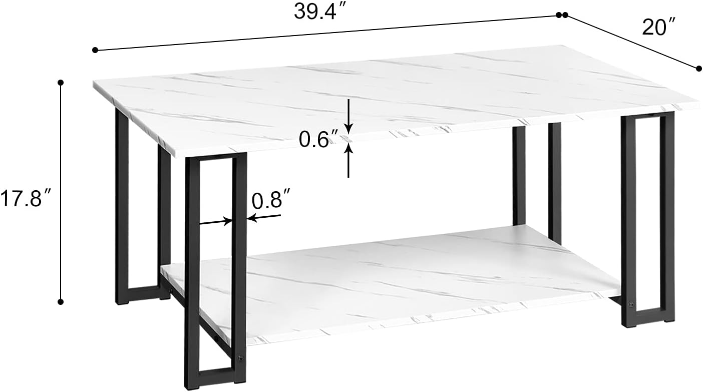 White Marble Coffee Table Modern Coffee Table with Metal Frame Accent Furniture for Living Room, Indoor, Home Décor w/Open Storage Shelf (Black Metal Legs)