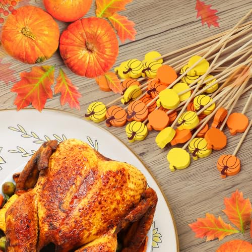 100 Thanksgiving Cocktail Picks, Pumpkin Fall Toothpicks for Appetizers Charcuterie Boards Accessories, 4.7 IN Bamboo Skewers Fruit Drinks Food Sticks, Thanksgiving Decoration Autumn Party Supplies - Thumbnail 4