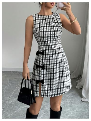 SHENHE Women's Vintage Plaid Bow Side Split Hem A Line Sleeveless Elegant Work Dress4