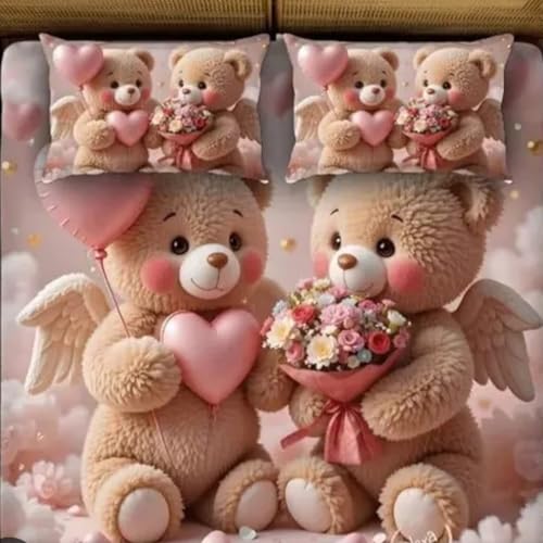 Image of 7D Fairy Tale Blush Bear Collection King Bedsheet 108x108 inch with 2 Pillow Covers | Good Stitching, Soft Fabric & Vibrant 7D Digital Print for Kids & Couples (Coffee)
