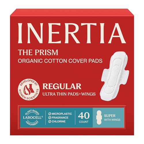 INERTIA The Prism Red Truly Organic Ultra Thin & Leak-Proof Korean Cotton Pads with Wings | Regular Absorbency | Hypoallergenic Super Absorbent Chlorine-Free & Fragrance-Free (40 Count)