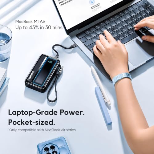Image of Philips DLP2721NB /94 20000mAh 45W Fast Charging Power Bank with Built-in Type-C Cable (Dark Slate) | Digital LED Display | Lithium Polymer | 2 Type-C & USB-A | Pocket Size | Compact & Travel-Friendly