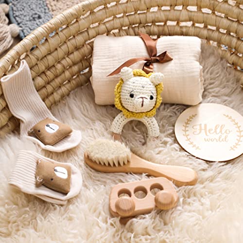 Image of New Born Baby Gift Basket, Baby Boys Girls Shower Gifts with Wooden Lion Rattle, 6PCs New Born Essentials Bath Set with Baby Brush,Blanket,Milestones Cards