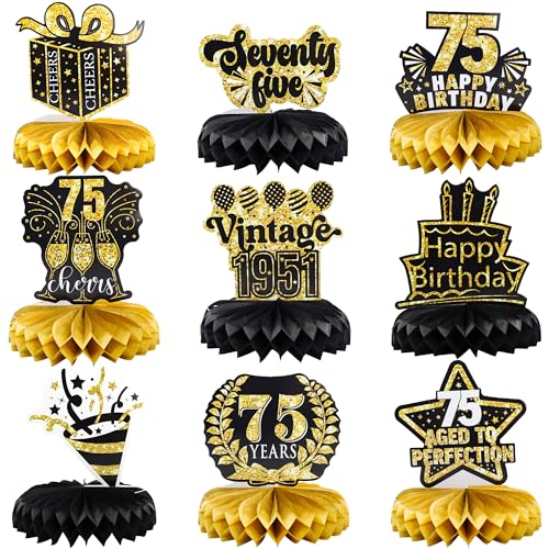 Gyufise 9 Pack 75th Birthday Decoration for Men Women 75th Birthday Table Decorations Cheers to 75th Birthday Honeycomb Centerpieces 1951 Table Topper Black and Gold 75th Birthday Party Favors