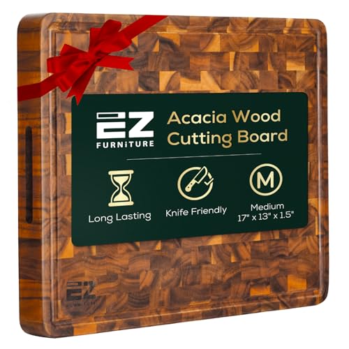 EZ FURNITURE 17 x 13 Inch Acacia Wood Cutting Board, End Grain with Juice Groove and Handles, Knife Friendly, Reversible, Suitable for Chopping Meat, Vegetables, Aesthetics for The Kitchen