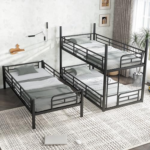 Image of Twin Over Twin Over Twin Bunk Bed with Safety Guardrails, Modern Metal Triple Bed Frame for Kids, No Box Spring Required, Black