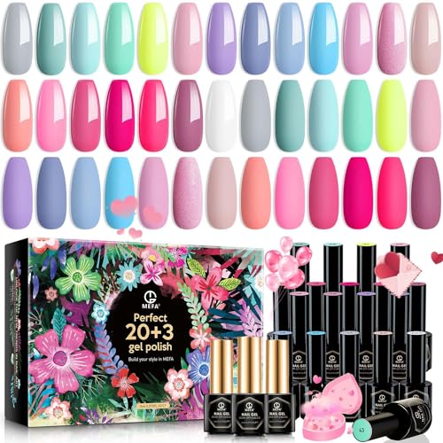 MEFA Summer Gel Nail Polish Set 23 Pcs, 20 Colors Pastel Hot Pink Gel Polish Sage Green Blue Bright Colors Nail Gel Kit with Glossy&Matte Top Base Coat Starters Nails Art Manicure Home Gifts for Women
