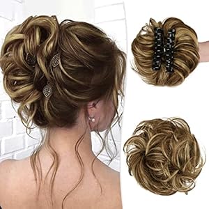 Claw Clip Messy Bun Hair Piece Real Human Hair Buns Wavy Curly Chignon Hair Bun Extensions Tousled Updo Hair Buns Claw Clip Ponytail Hairpieces with Clip for Women（Brown with Blonde Highlights）