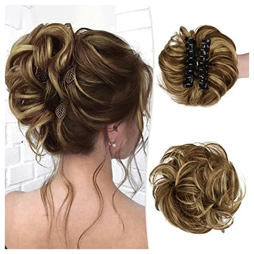 Claw Clip Messy Bun Hair Piece 100% Real Human Hair Buns Wavy Curly Chignon Hair Bun Extensions Tousled Updo Hair Buns Claw Clip Ponytail Hairpieces Hair Scrunchie with Clip for Women(Chocolate Brown with Light Golden Blonde Highlights 1)