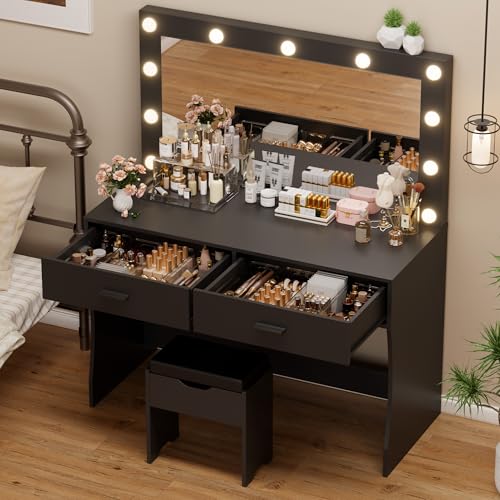 Image of YESHOMY Vanity Desk with Mirror, Power Outlet and 11 Lights, Makeup Table with 2 Drawers, 3 Color Modes Available for Bedroom, Ash Black