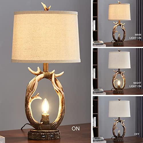 Youthost Rustic Table Lamps For Bedroom Farmhouse Bedside Lamps With Nightlight Dual Usb Charging Ports Deer Antler Table Lamps For Living Room Cabin End Table Office #TOP2