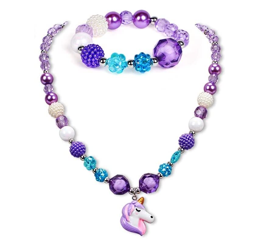 El Regalo 2 PCs Kids Girls Colorful Jewelry Sets - Kids Candy Color Unicorn, Mermaid, Rainbow themes based Necklace & Bracelets Sets for Girls & Toddlers (Purple Unicorn Necklace & Bracelet) (B09TZRY8BR) Amazon Price History, Amazon Price Tracker