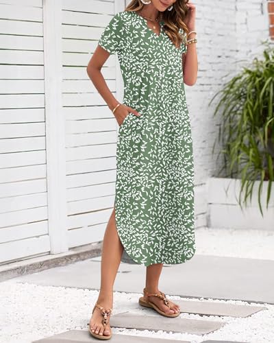 Image of MISFAY Women's Summer Maxi Dress 2026 Casual Short Sleeves V Neck Loose Sundress Split Long Beach T Shirt Dress