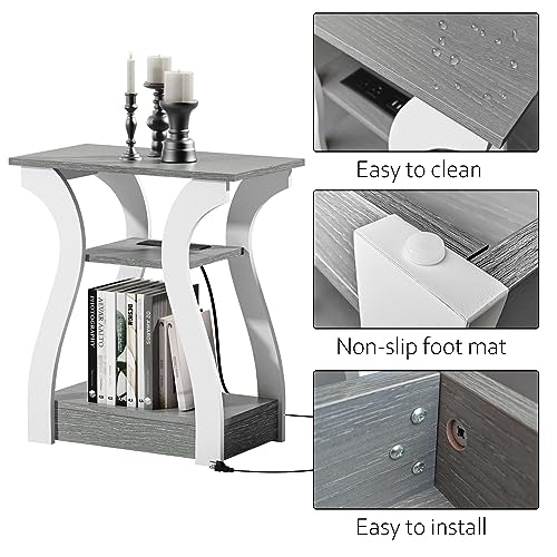 FROMJBEST End Tables Living Room Set of 2,Grey End Table with Charging Station,Grey Side Table, Nightstand for Bedroom, 3 Tier End Table with Storage Shelf for Living Room - Image 7