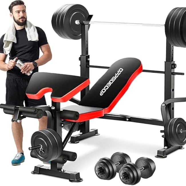 OPPSDECOR 6 in 1 660lbs Weight Bench with Leg Extension and Leg Curl, Foldable Bench Press Set and Squat Barbell Rack with Preacher Curl, Adjustable Workout Bench for Home Gym Strength Training PXZXYX1
