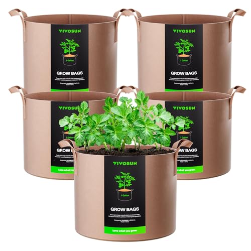 Image of VIVOSUN 5-Pack 1 Gallons Grow Bags Heavy Duty Thickened Nonwoven Fabric Pots with Strap Handles Tan