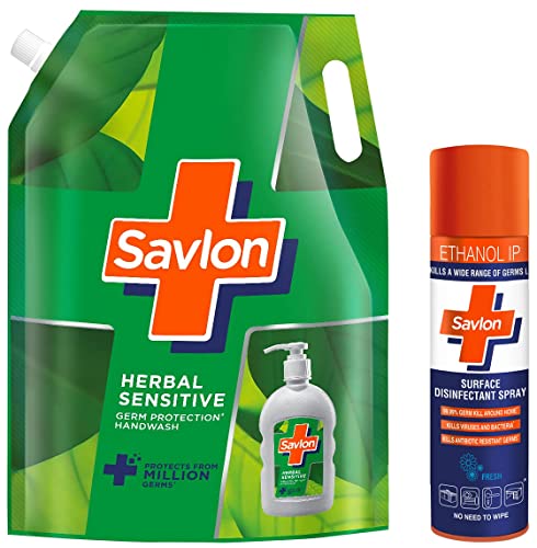 Image of Savlon Herbal Sensitivel Ph Balanced Liquid Handwash Refill Pouch, 1500Ml, Fresh, 1.5 L (Pack Of 1) & Surface Disinfectant Spray Sanitizer, Germ Protection On Hard & Soft Surfaces, 170G