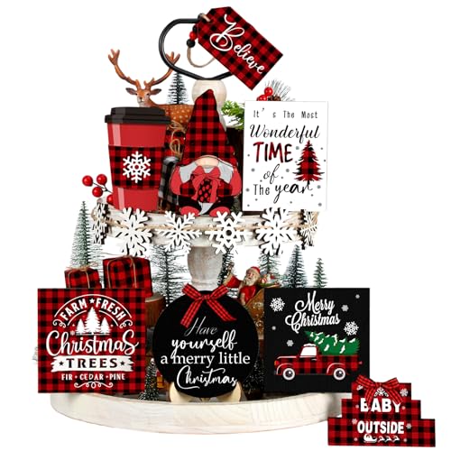 14 Pcs Christmas Tiered Tray Decor Red and Black Buffalo