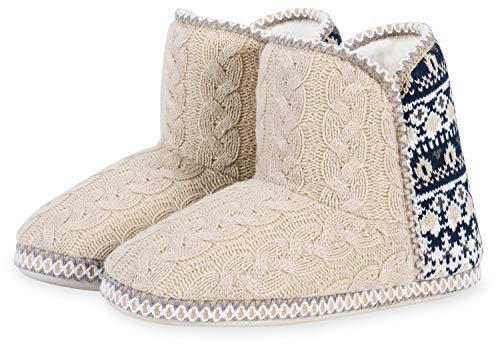 JeathFea Women's Cashmere Cable Knit Bootie Slipper Cozy Memory Foam Slippers Boots Indoor House Shoes