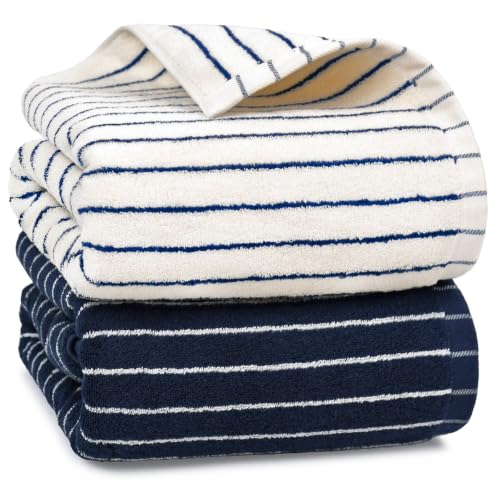 Image of Navy Blue Bath Towels Set of 2, Striped Towels for Bathroom, Pool & Shower