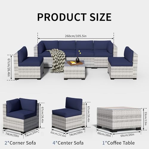 Image of 7 Piece Patio Furniture Set, Rattan Outdoor Patio Conversation Sets, Outdoor Sectional Furniture with Thickened Cushion and Coffee Table, for Deck, Backyard, Garden, Off-White & Dark Blue
