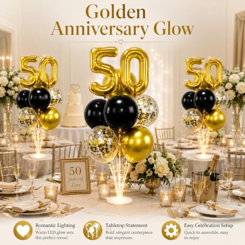 Image of 6 Set 50th Birthday Party Balloon Table Centerpieces with LED Light up