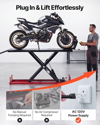 Image of VEVOR Motorcycle Lift Table, 1500 lbs Capacity, Electric Hydraulic Pump with Scissor Lift Jack, Adjustable Wheel Chock, 9.05 inch-41.73 inch Height Range, 78.3 inch x 26.3 inch Heavy Duty Repair Stand for Dirt Bike
