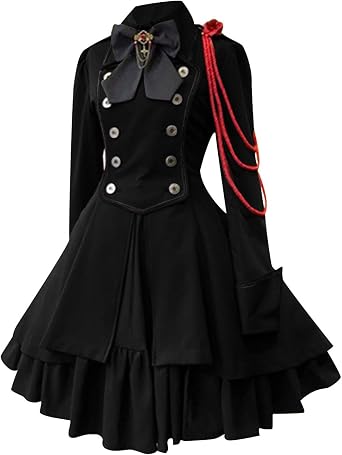 Womens Lolita Gothic Dress with Vintage Bow Ruffle Steampunk Dress Long Sleeve Medieval Renaissance Dress Cosplay