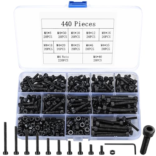 440-Piece M4 black Bolts and Nuts Set, Alloy Steel Allen Screws Bolts and Nuts Assortment Kit