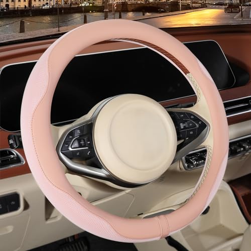 Binsheo 14 inch Steering Wheel Cover for Prius Civic, Nappa Microfiber Leather Non-Slip Breathable Fabric, Warm in Winter and Cool in Summer, Pink