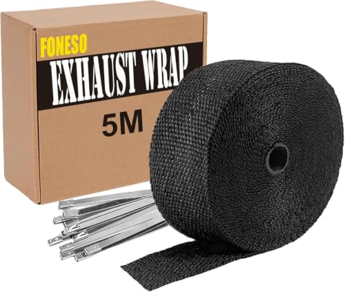 Car Exhaust Wrap Foneso Exhaust Tape Bandage Titanium Black Fiberglass Heat Insulation Wrap Roll with 10 Pcs Stainless Steel Zip Ties for Motorcycle Car Exhaust Pipes Mainfold (Black 1 Roll 5M)