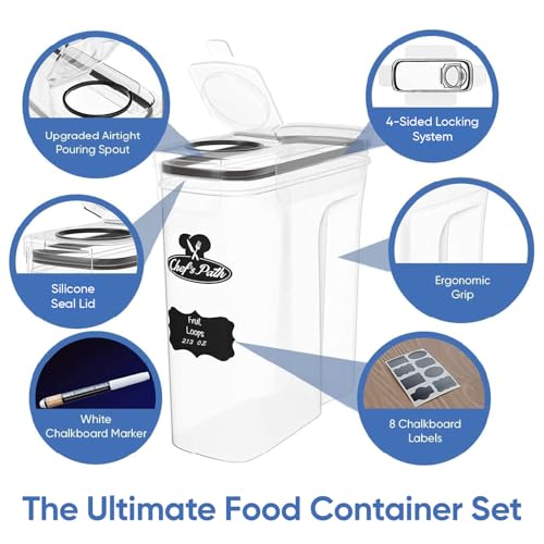 Extra Large Cereal Container Storage Set - Big Airtight Food Storage Containers, 8 Labels & Pen, XL BPA-Free Dispenser Keepers - Kitchen and Pantry Containers - 6.3L (213oz) - Chef’s Path (2 pc)