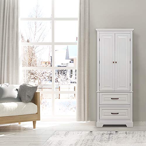 Teamson Home St. James Wooden Linen Tower Cabinet With 2 Adjustable Shelves 2 Drawers 5 Storage Spaces And 2 Doors, White #TOP3